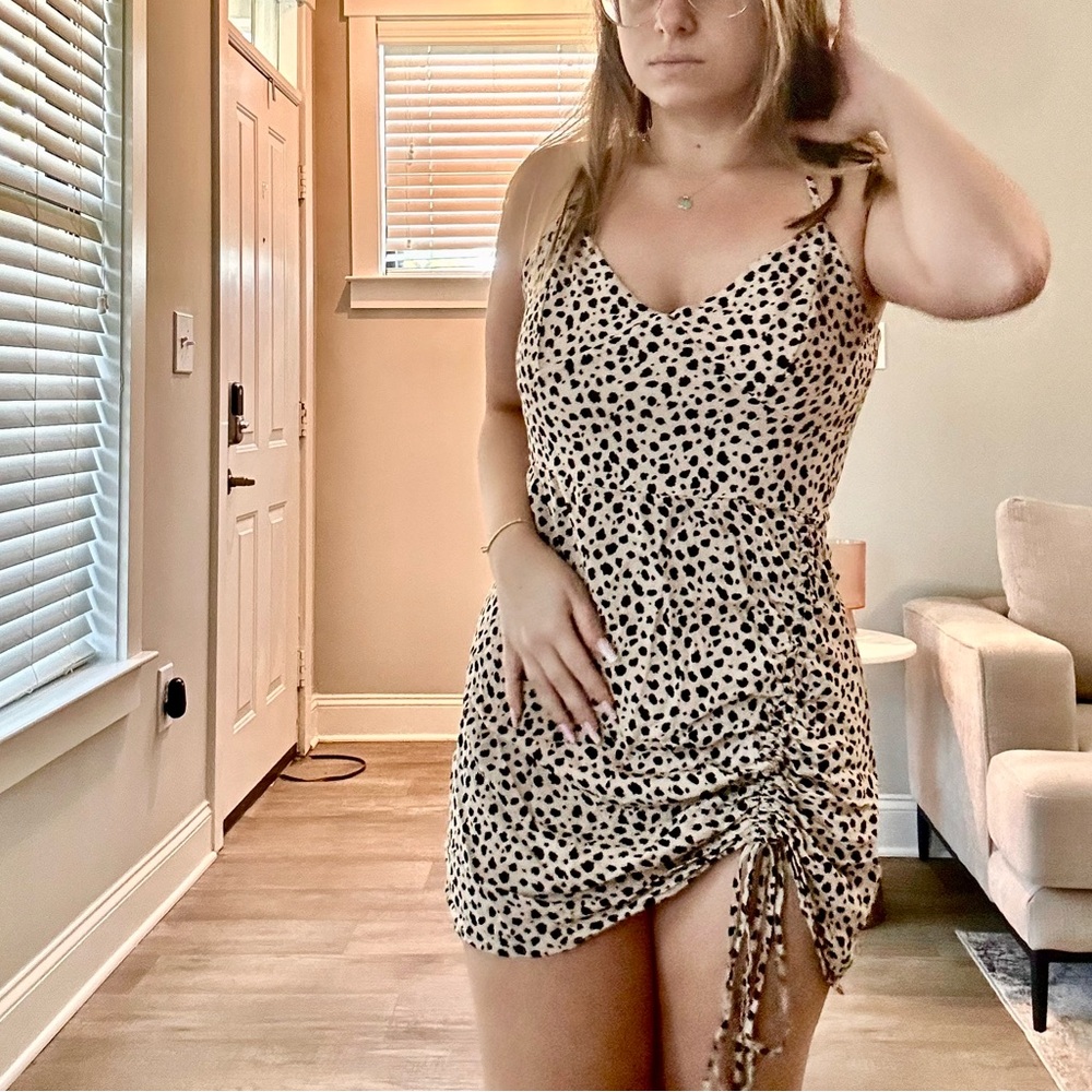 Beige & Black Spotted Sleeveless Mini Dress